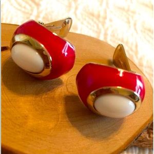 Signed Donald Stannard Red and white clip earrings